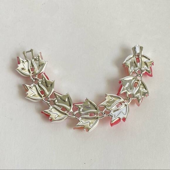 Vintage Pink Lucite Moonglow Leaf Necklace & Bracelet Set Silver Tone 60s Retro - Picture 13 of 14